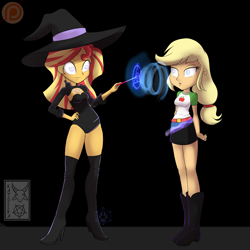 Size: 3500x3500 | Tagged: safe, artist:katsiika, applejack, sunset shimmer, human, equestria girls, g4, boots, clothes, duo, duo female, female, hand on hip, hat, high heel boots, high res, hypnosis, hypnotized, leotard, patreon, patreon logo, shoes, swirly eyes, witch hat