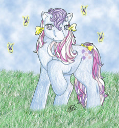 Size: 863x926 | Tagged: safe, artist:sweets-b, sweet stuff, butterfly, twinkle eyed pony, g1, bow, cute, hair bow, sweet sweet stuff, tail, tail bow