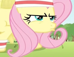 Size: 1397x1080 | Tagged: safe, screencap, fluttershy, pegasus, pony, g4, hurricane fluttershy, blurry, grass, i can see the pixels, solo, sweatband, training, tree, upscaled