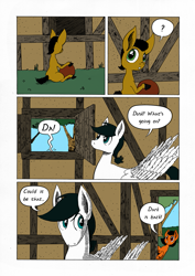 Size: 905x1280 | Tagged: safe, artist:darkhestur, oc, oc:dusk, oc:knight, oc:morro, earth pony, pegasus, pony, comic, foal, panels, speech bubble, tumblr comic