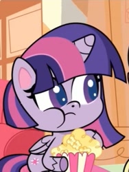Size: 337x448 | Tagged: safe, screencap, twilight sparkle, alicorn, pony, director spike's mockumentary, g4.5, my little pony: pony life, eating, female, food, looking at someone, mare, offscreen character, popcorn, puffy cheeks, solo, twilight sparkle (alicorn)