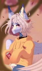 Size: 1266x2160 | Tagged: safe, artist:cherebushek, oc, oc only, pegasus, pony, clothes, coca-cola, ear fluff, eye clipping through hair, eyebrows, eyebrows visible through hair, freckles, hoodie, leaves, looking at you, smiling, solo, sweatshirt, tree