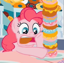 Size: 1080x1068 | Tagged: safe, screencap, pinkie pie, earth pony, pony, g4, the ending of the end, donut, eating, female, food, mare, open mouth, overeating, solo, stuffing, this will end in diabetes, this will end in tummy aches