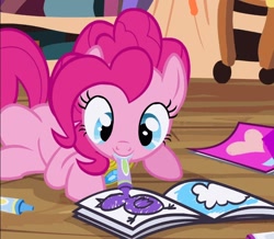 Size: 850x742 | Tagged: safe, screencap, pinkie pie, earth pony, pony, g4, princess twilight sparkle (episode), coloring book, crayon, cropped, drawing, element of laughter, golden oaks library, solo