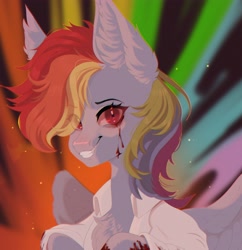 Size: 3969x4096 | Tagged: safe, artist:cherebushek, rainbow dash, pegasus, pony, fanfic:rainbow factory, g4, blood, clothes, creepy, creepy grin, eye clipping through hair, eyebrows, eyebrows visible through hair, fanfic art, grin, lab coat, looking at you, rainbow, smiling, solo