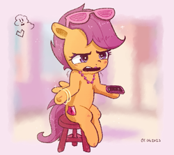 Size: 569x506 | Tagged: safe, artist:fipoki, scootaloo, pegasus, pony, g4, bangles, cellphone, female, filly, foal, jewelry, lipstick, necklace, phone, shrug, signature, sitting, smartphone, solo, stool, sunglasses, super mario bros., super mario bros. plumbing commercial, the super mario bros. movie