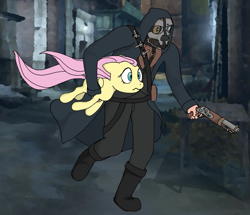 Size: 1279x1100 | Tagged: artist needed, source needed, safe, fluttershy, human, pegasus, pony, g4, corvo attano, crossover, dishonored, duo, flintlock, human and pony, mask