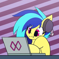 Size: 1200x1200 | Tagged: safe, artist:koapony, oc, oc only, oc:koa, pony, computer, cute, cute little fangs, eye clipping through hair, fangs, headphones, laptop computer, solo