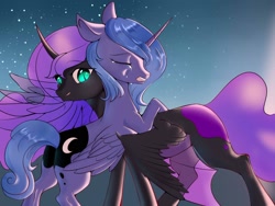 Size: 2048x1536 | Tagged: safe, artist:myriadstar3, nightmare moon, princess luna, alicorn, pony, g4, curved horn, duality, duo, female, horn, hug, self paradox, self ponidox