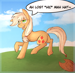 Size: 1299x1262 | Tagged: safe, artist:bexdrey, applejack, earth pony, pony, g4, applejack's hat, cloud, cowboy hat, drunk, field, go home you're drunk, hat, missing accessory, signature, sky, solo