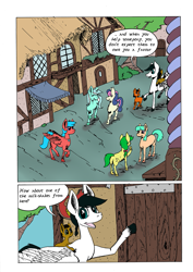 Size: 905x1280 | Tagged: safe, artist:darkhestur, oc, oc:dusk, oc:knight, oc:morro, pony, background pony, comic, houses, panels, ponyville, speech bubble, street, tumblr comic