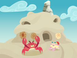 Size: 3840x2880 | Tagged: safe, anonymous artist, big macintosh, fluttershy, oc, oc:late riser, crab, series:fm holidays, g4, april fools, beach, crabified, family, female, fluttershy's cottage, hermit crab, high res, lineless, male, offspring, parent:big macintosh, parent:fluttershy, parents:fluttermac, sandcastle, ship:fluttermac, shipping, species swap, straight