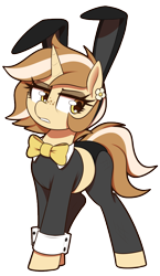 Size: 550x950 | Tagged: safe, artist:thebatfang, oc, oc only, oc:latte luxury, pony, unicorn, bowtie, bunny ears, bunny suit, clothes, female, flower, flower in hair, freckles, mare, reverse bunny suit, simple background, solo, transparent background
