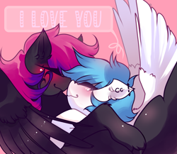 Size: 2709x2348 | Tagged: safe, artist:minty--fresh, oc, oc only, oc:nimbus cloudington, oc:slipspace perigee, bat pony, pegasus, pony, bat pony oc, blushing, blushing profusely, duo, ear piercing, eyes closed, high res, multicolored hair, nuzzling, pegasus oc, piercing, speech bubble