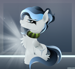 Size: 2724x2491 | Tagged: safe, artist:andaluce, oc, oc:haze northfleet, pegasus, pony, chest fluff, clothes, cute, female, fluffy, high res, lineless, mare, scarf, smiling, solo, striped scarf