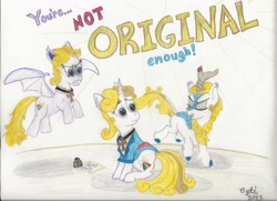 Size: 1744x1264 | Tagged: safe, artist:opti, oc, oc:guiding light, bat pony, kirin, pony, unicorn, bat ponified, inkwell, kirin-ified, mocking, paper, race swap, self paradox, self ponidox, species swap, traditional art, triality