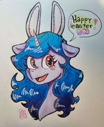 Size: 2604x3180 | Tagged: safe, artist:sizack, izzy moonbow, pony, unicorn, g5, bunny ears, bust, ears up, easter, easter egg, female, heart, heart eyes, high res, holiday, horn, mare, signature, simple background, solo, speech bubble, text, traditional art, white background, wingding eyes