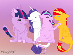 Size: 1033x774 | Tagged: safe, artist:kimskywolf, rarity, starlight glimmer, sunset shimmer, twilight sparkle, alicorn, pony, g4, alicornified, eyes closed, gradient background, grin, happy, leonine tail, looking at each other, looking at someone, open mouth, race swap, raricorn, shimmercorn, smiling, starlicorn, tail, touching, twilight sparkle (alicorn), xk-class end-of-the-world scenario