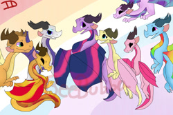 Size: 1095x730 | Tagged: safe, artist:bee-bubba, applejack, fluttershy, pinkie pie, rainbow dash, rarity, starlight glimmer, sunset shimmer, twilight sparkle, dragon, g4, alternate mane seven, dragonified, dragonjack, flutterdragon, flying, glimmerdragon, grin, looking at you, mane six, open mouth, pinkiedragon, rainbow dragon, raridragon, smiling, species swap, sunset dragon, twilidragon