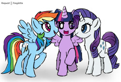 Size: 1085x736 | Tagged: safe, artist:foxyletta, rainbow dash, rarity, twilight sparkle, alicorn, pegasus, pony, unicorn, g4, female, happy, looking at each other, looking at someone, open mouth, simple background, smiling, spread wings, trio, trio female, twilight sparkle (alicorn), wings