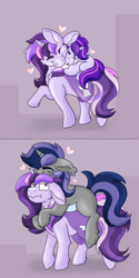 Size: 1500x3000 | Tagged: safe, artist:euspuche, oc, oc only, oc:dreaming bell, oc:dreaming star, bat pony, bat pony unicorn, hybrid, pony, unicorn, bat pony oc, colt, cute, female, floating heart, foal, heart, horn, male, mare, ocbetes, pale belly, ponies riding ponies, riding, siblings, two toned coat, unicorn oc