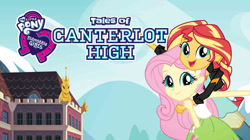 Size: 739x415 | Tagged: safe, artist:u66589, fluttershy, sunset shimmer, human, equestria girls, g4, my little pony equestria girls: better together, canterlot high, cloud, deviantart, equestria girls logo, hill, humanized, looking at you, pointing, sky, title card