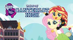 Size: 739x415 | Tagged: safe, artist:u66589, fluttershy, sunset shimmer, human, equestria girls, g4, my little pony equestria girls: better together, canterlot high, cloud, equestria girls logo, hill, humanized, looking at you, pointing, sky, title card