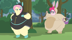 Size: 2560x1440 | Tagged: safe, artist:neongothic, fluttershy, pinkie pie, human, equestria girls, g4, animal costume, basket, bbw, belly, big belly, bingo wings, blushing, breasts, bunny costume, busty fluttershy, busty pinkie pie, chubby cheeks, clothes, costume, dangerous mission outfit, double chin, easter, easter bunny, easter egg, fat, fat boobs, fat fetish, fattershy, female, fetish, goggles, holiday, hoodie, huge belly, morbidly obese, obese, piggy pie, pudgy pie, smiling, ssbbw, thighs, thunder thighs, weight gain