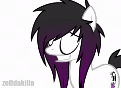 Size: 600x437 | Tagged: safe, artist:zeffdakilla, oc, oc only, oc:lacey lullaby, earth pony, pony, animated, black mane, emo, female, grin, headbob, looking away, looking sideways, nervous, nervous smile, scene hair, simple background, smiling, solo, white background, white fur