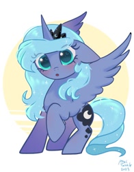 Size: 1074x1368 | Tagged: safe, artist:petaltwinkle, princess luna, alicorn, pony, g4, blushing, cute, female, looking at you, lunabetes, mare, open mouth, s1 luna, signature, simple background, solo, spread wings, white background, wingding eyes, wings