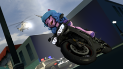 Size: 3840x2160 | Tagged: safe, artist:drixale, izzy moonbow, pony, unicorn, g5, 3d, bicycle, female, fuck the police, helicopter, high res, mare, motorcycle, police, police car, solo, source filmmaker