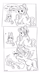 Size: 2018x3695 | Tagged: safe, artist:opalacorn, oc, oc only, oc:void, pegasus, pony, animal costume, baby, baby pony, basket, black and white, bunny costume, clothes, colt, comic, costume, dialogue, duo, easter, easter egg, falling, female, foal, grayscale, high res, holiday, male, mare, monochrome, mother and child, mother and son, simple background, speech bubble, white background