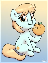 Size: 1614x2127 | Tagged: safe, artist:heretichesh, peach fuzz, earth pony, pony, g4, cute, eating, female, filly, foal, food, gradient background, herbivore, hoof hold, looking at you, peach, puffy cheeks, signature, sitting, smiling, smiling at you, solo