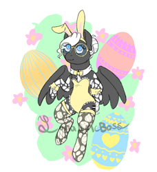 Size: 1108x1215 | Tagged: safe, artist:luna_mcboss, oc, oc only, oc:double stuff, pegasus, pony, abstract background, appaloosa, blue eyes, bowtie, bunny ears, bunny suit, chest fluff, clothes, coat markings, collar, colored, colorful, complex background, costume, cuffs (clothes), easter, easter egg, egg, fishnet stockings, flat colors, glasses, gray coat, green background, hair bun, holiday, leotard, looking up, mottled coat, partially open wings, pegasus oc, pony oc, simple background, solo, stockings, tail, tail bun, thigh highs, white mane, wings, yellow leotard