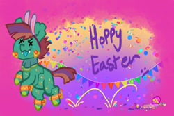 Size: 969x648 | Tagged: safe, artist:nootaz, oc, oc only, oc:deadmeat, original species, piñata pony, pony, bipedal, bunny ears, easter, happy easter, holiday, hopping, male, piñata, solo, stallion, x eyes