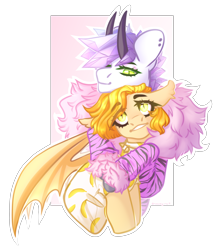 Size: 3432x3832 | Tagged: safe, artist:dreamyrat, oc, oc only, bat pony, earth pony, pony, bat pony oc, clothes, collar, commission, couple, ear fluff, ear piercing, earth pony oc, floppy ears, green eyes, high res, horns, hug, looking down, looking up, oc x oc, open mouth, open smile, piercing, shipping, simple background, smiling, transparent background, yellow eyes