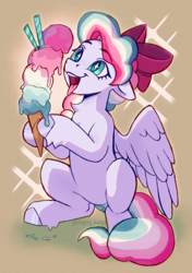 Size: 1748x2480 | Tagged: safe, artist:kotya, oc, oc only, oc:sky sorbet, pegasus, pony, bow, cute, female, food, hair bow, high res, ice cream, mare, ocbetes, open mouth, solo, spread wings, tongue out, wings