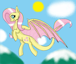 Size: 972x823 | Tagged: safe, artist:daedric-dragon, fluttershy, dracony, dragon, hybrid, g4, cloud, dragonified, flutterdragon, flying, looking at you, mountain, sky, smiling, solo, species swap, spread wings, sun, wings