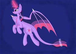 Size: 1024x722 | Tagged: safe, artist:daedric-dragon, twilight sparkle, dracony, dragon, hybrid, g4, dragonified, flying, glowing, glowing horn, horn, smiling, solo, species swap, spread wings, twilidragon, wings