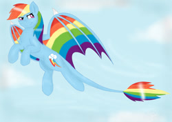 Size: 1024x723 | Tagged: safe, artist:daedric-dragon, rainbow dash, dracony, dragon, hybrid, g4, colored wings, determined, dragonified, faic, flying, multicolored wings, rainbow dragon, rainbow wings, sky, sky background, smiling, smirk, smug, smugdash, solo, species swap, spread wings, wings