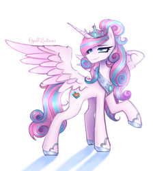 Size: 2800x2840 | Tagged: safe, artist:opal_radiance, princess flurry heart, alicorn, pony, g4, crown, eyebrows, female, high res, hoof shoes, jewelry, mare, older, older flurry heart, peytral, raised hoof, regalia, shadow, signature, simple background, smiling, solo, spread wings, sternocleidomastoid, white background, wings