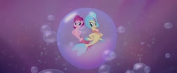 Size: 1600x665 | Tagged: safe, screencap, pinkie pie, princess skystar, seapony (g4), g4, my little pony: the movie, bioluminescent, blue eyes, bubble, dancing, dorsal fin, duo, female, fin, fin wings, fins, fish tail, flower, flower in hair, flowing mane, flowing tail, freckles, in bubble, jewelry, looking at each other, looking at someone, mare, necklace, ocean, one small thing, pearl necklace, pinkie pie trapped in a bubble, seaponified, seapony pinkie pie, seaquestria, smiling, smiling at each other, species swap, swimming, tail, underwater, water, wings