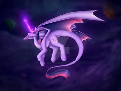 Size: 1024x768 | Tagged: safe, artist:daedric-dragon, twilight sparkle, dracony, dragon, hybrid, g4, dragonified, flying, glowing, glowing horn, horn, looking at you, planet, shooting star, smiling, smiling at you, solo, space, species swap, spread wings, twilidragon, wings