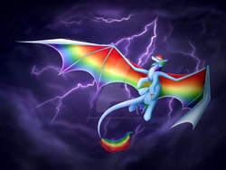Size: 1024x768 | Tagged: safe, artist:daedric-dragon, rainbow dash, dracony, dragon, hybrid, g4, cloud, colored wings, dragonified, flying, lightning, multicolored wings, obtrusive watermark, rainbow dragon, rainbow wings, solo, species swap, spread wings, thunderstorm, watermark, wings