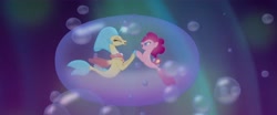 Size: 1600x663 | Tagged: safe, screencap, pinkie pie, princess skystar, seapony (g4), g4, my little pony: the movie, aquastria, bioluminescent, bubble, cute, dorsal fin, duo, duo female, eyes closed, female, fin, fin wings, fins, fish tail, flowing mane, flowing tail, glowing, happy, in bubble, jewelry, looking at each other, looking at someone, mare, necklace, ocean, one small thing, open mouth, open smile, pearl necklace, pinkie pie trapped in a bubble, seaponified, seapony pinkie pie, seaquestria, seashell necklace, smiling, smiling at each other, species swap, swimming, tail, underwater, water, wings