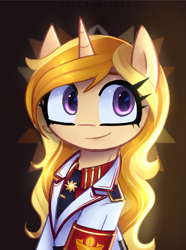 Size: 2003x2696 | Tagged: safe, artist:opal_radiance, oc, oc only, unnamed oc, pony, unicorn, equestria at war mod, clothes, empire, eyebrows, high res, horn, looking at you, military, pax solaris, smiling, smiling at you, solar empire, solo, unicorn oc, uniform, white suit