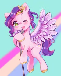 Size: 1069x1337 | Tagged: safe, artist:moh_mlp2, pipp petals, pegasus, pony, g5, adorapipp, cute, female, flying, jewelry, mare, microphone, one eye closed, singing, solo, tiara