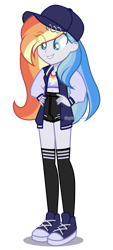 Size: 1056x2326 | Tagged: safe, artist:skyfallfrost, oc, oc:rainbow cloud, human, equestria girls, g4, cap, clothes, converse, equestria girls-ified, female, hat, jacket, shoes, shorts, simple background, socks, solo, thigh highs, thigh socks, transparent background