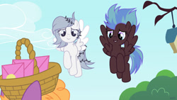 Size: 1280x720 | Tagged: safe, artist:vi45, oc, oc only, pegasus, pony, g4, base used, basket, blue hair, brown coat, brown fur, female, gray eyes, grey hair, letter, mare, multicolored eyes, quadrupedal, white coat, white fur