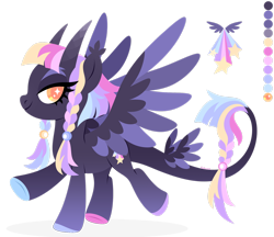 Size: 1920x1660 | Tagged: safe, artist:kabuvee, oc, oc only, pegasus, pony, adoptable, colored hooves, colored horn, colored pupils, colored wings, dark coat, ears up, eyebrows, eyelashes, eyeshadow, feathered wings, female, four wings, fringe, gradient hooves, horn, horns, long horn, long tail, looking back, makeup, mare, multicolored horn, multicolored mane, multiple wings, orange eyes, pegasus oc, pigtails, quadrupedal, scrunchie, short mane, side view, simple background, smiling, solo, stars, tail, tail wings, tassels, thick eyebrows, transparent background, two toned wings, wings